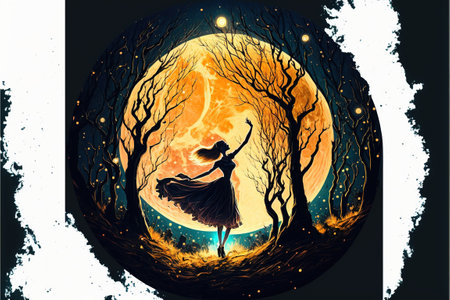 Girl dancing. A ballerina dancing with fireflies on the hill against the night sky, digital art style, illustration paintingの素材