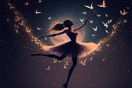 Girl dancing. A ballerina dancing with fireflies on the hill against the night sky, digital art style, illustration paintingの素材