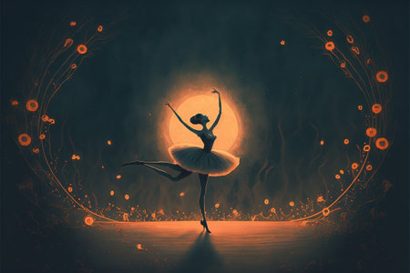 Girl dancing. A ballerina dancing with fireflies on the hill against the night sky, digital art style, illustration paintingの素材