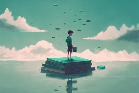 Child on the magic book. Boy standing on the opened book and looking at other books floating in the air. Digital art style, illustration painting.の素材