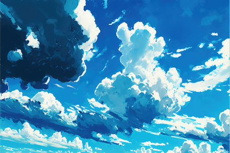 Blue sky with clouds. Blue sky with clouds in manga, anime, comic style. Digital art style, illustration painting.の素材