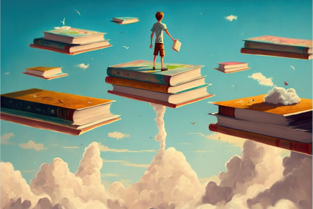 Child on the magic book. Boy standing on the opened book and looking at other books floating in the air. Digital art style, illustration painting.の素材