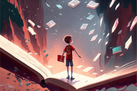 Child on the magic book. Boy standing on the opened book and looking at other books floating in the air. Digital art style, illustration painting.の素材