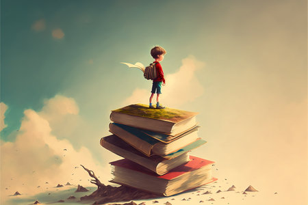 Child on the magic book. Boy standing on the opened book and looking at other books floating in the air. Digital art style, illustration painting.の素材