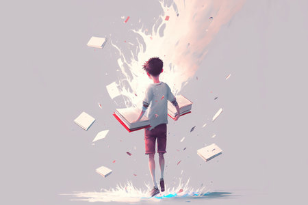 Child on the magic book. Boy standing on the opened book and looking at other books floating in the air. Digital art style, illustration painting.の素材