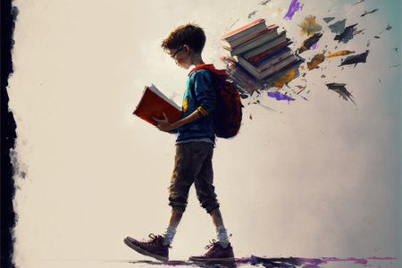Child on the magic book. Boy standing on the opened book and looking at other books floating in the air. Digital art style, illustration painting.の素材