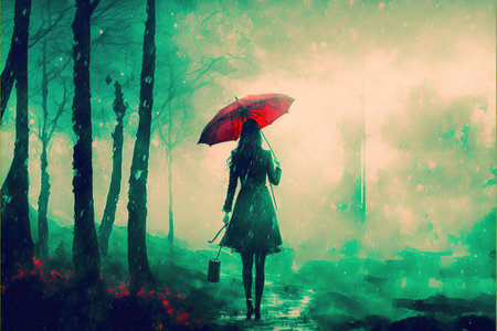 Girl with umbrella in the forest. Mysterious woman with umbrella standing in forest. Digital art style, illustration painting.の素材