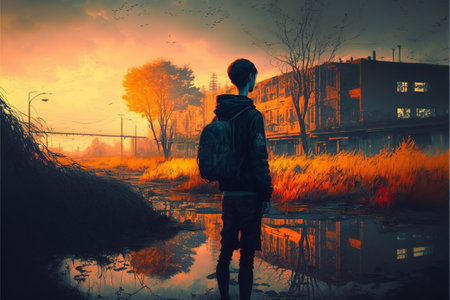 Boy in the abandoned city. Young man standing in the overgrown city. Digital art style, illustration painting.の素材