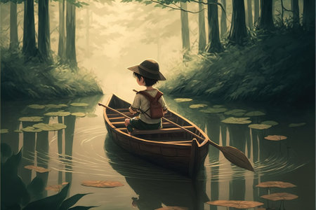 Man in the boat swimming. Boy rowing a boat in a river through the forest, digital art style, illustration paintingの素材