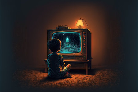 Child watching glowing and sparks coming out from television. Night scene of the boy watching an antique television that glowing and sparks fly out, digital art style, illustration paintingの素材