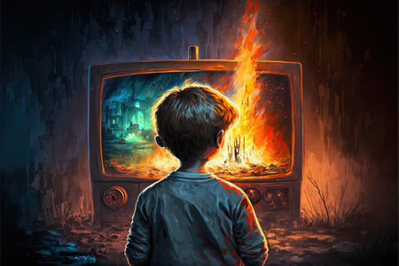 Child watching glowing and sparks coming out from television. Night scene of the boy watching an antique television that glowing and sparks fly out, digital art style, illustration paintingの素材