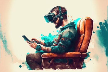 Man playing the game in virtual reality headset. Man in vr glasses in other world. Man sitting on armchair wearing virtual reality headset, digital art style, digital paintingの素材