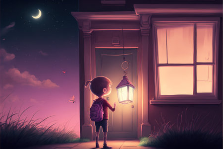 Kid holding a lantern and looking at the stars-dimensional window. Child holding lantern with light near the window. digital art style, illustration paintingの素材
