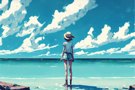 A beautiful girl stands on an azure beach, watching the boundlessly stretching ocean. A beautiful girl admires the snow-white sky over the azure sea.Woman standing on the sea looking at the summer skyの素材