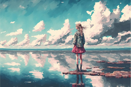 A beautiful girl stands on an azure beach, watching the boundlessly stretching ocean. A beautiful girl admires the snow-white sky over the azure sea.Woman standing on the sea looking at the summer skyの素材