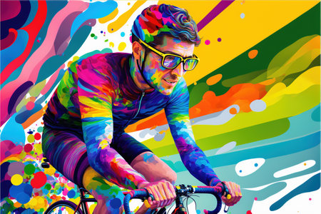 Young man riding a bicycle with a colorful energy, A cyclist rushes along the road on a sports bike, leaving a colorful trail behind him. digital art style, illustration painting.の素材