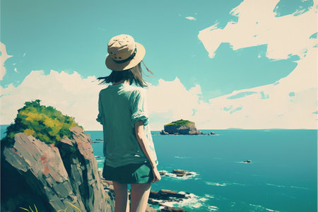 A beautiful girl stands on an azure beach, watching the boundlessly stretching ocean. A beautiful girl admires the snow-white sky over the azure sea.Woman standing on the sea looking at the summer skyの素材