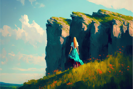 The standing at the rock of the hillside, digital art style, illustration painting, fantasy illustration of a mysterious womanの素材