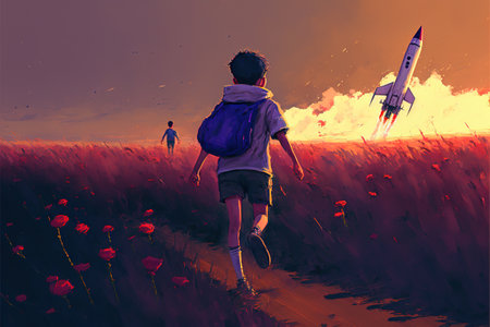 Little boy playing in the meadow. Boy with a big rocket mounted on his back running in the filed at sunset. Digital art style, illustration painting.の素材