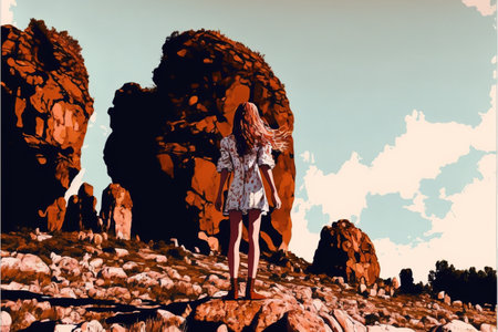 The standing at the rock of the hillside, digital art style, illustration painting, fantasy illustration of a mysterious womanの素材