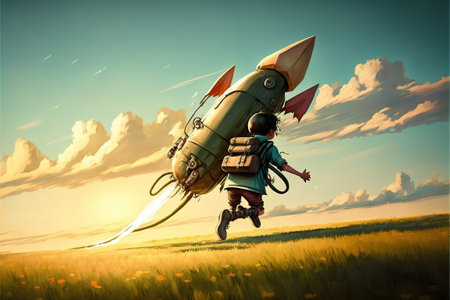 Little boy playing in the meadow. Boy with a big rocket mounted on his back running in the filed at sunset. Digital art style, illustration painting.の素材
