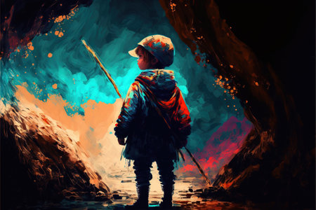 child with spear standing in a cave full of many futuristic stone blocks, digital art style, illustration paintingの素材