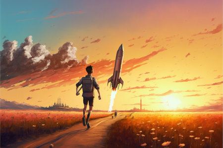 Little boy playing in the meadow. Boy with a big rocket mounted on his back running in the filed at sunset. Digital art style, illustration painting.の素材