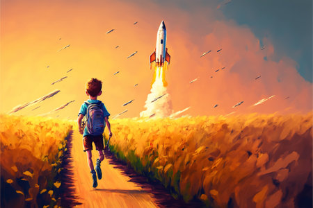 Little boy playing in the meadow. Boy with a big rocket mounted on his back running in the filed at sunset. Digital art style, illustration painting.の素材