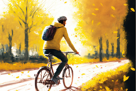 Man riding a bicycle in the autumn forest park in the sunny morning, Bicyclist on a new bicycle riding in a beatifull park, digital art style, illustration paintingの素材