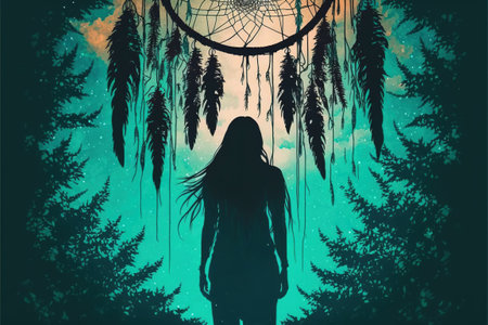 Woman standing and looking at the dreamcatcher hanging from the trees in the mysterious forest, digital art style, illustration painting, fantasy illustration of a woman looking dreamcatcherの素材