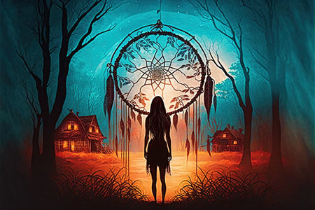 Woman standing and looking at the dreamcatcher hanging from the trees in the mysterious forest, digital art style, illustration painting, fantasy illustration of a woman looking dreamcatcherの素材