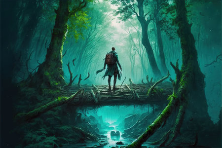 Traveler standing on a fallen tree in the forest, digital art style, illustration painting, fantasy illustration of a traveler in the forestの素材