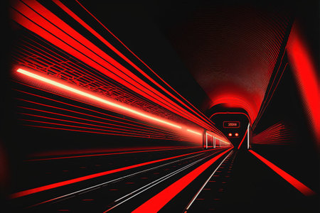 Creative abstract railroad travel and railway tourism transportation industrial concept: red modern high speed passenger commuter train, digital art style, illustration paintingの素材