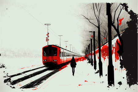 Creative abstract railroad travel and railway tourism transportation industrial concept: red modern high speed passenger commuter train, digital art style, illustration paintingの素材