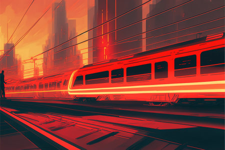 Creative abstract railroad travel and railway tourism transportation industrial concept: red modern high speed passenger commuter train, digital art style, illustration paintingの素材