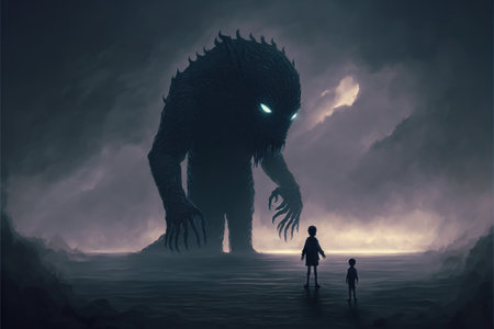 Dark fantasy scene showing a kid standing on a giant monster with blistering skin and tentacles, digital art style, illustration painting, fantasy concept of a kid near the giant monsterの素材