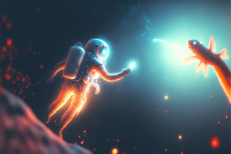 The astronaut reaching out to catch the glowing butterfly in the sky, digital art style, illustration painting, fantasy concept of a astronaut with the butterflyの素材
