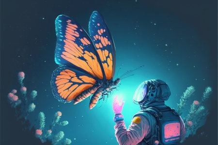 The astronaut reaching out to catch the glowing butterfly in the sky, digital art style, illustration painting, fantasy concept of a astronaut with the butterflyの素材