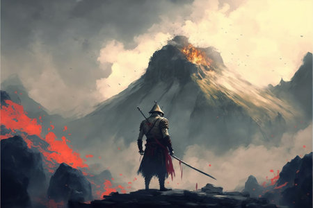 scene of samurai with fire sword standing on the rock, digital art style, illustration painting, fantasy concept of a samurai with the swordの素材