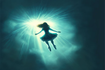 woman dive underwater to see a mysterious light under the sea, digital art style, illustration painting, fantasy concept of a diver in the waterの素材