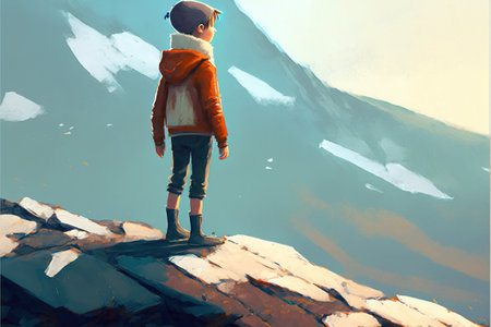 young boy standing on the mountain and looking at the rocks floating in the sky, digital art style, illustration painting, fantasy concept of a boy on the mountainの素材