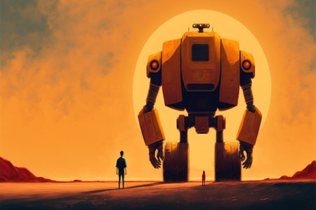young man standing and looking at a giant sentinel robot, digital art style, illustration painting, fantasy concept of a boy looking at the robotの素材