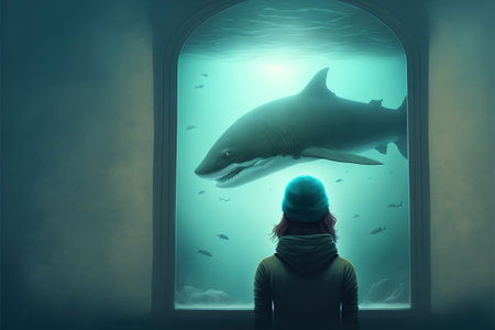 woman looking at the experimental shark in a big fish tank, digital art style, illustration painting, fantasy concept of a woman looking giant sharkの素材