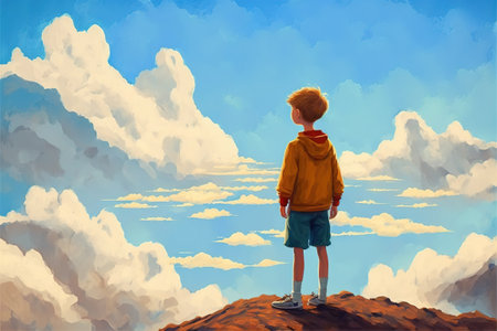 young boy standing on the mountain and looking at the rocks floating in the sky, digital art style, illustration painting, fantasy concept of a boy on the mountainの素材