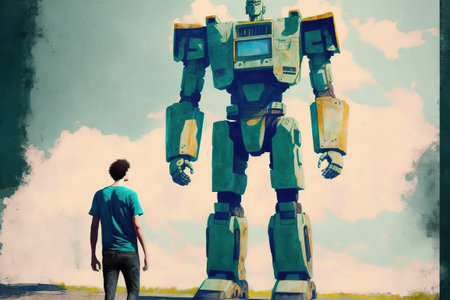 young man standing and looking at a giant sentinel robot, digital art style, illustration painting, fantasy concept of a boy looking at the robotの素材