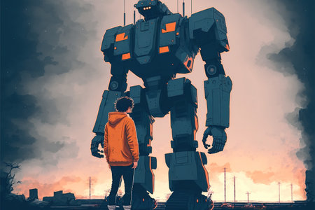 young man standing and looking at a giant sentinel robot, digital art style, illustration painting, fantasy concept of a boy looking at the robotの素材