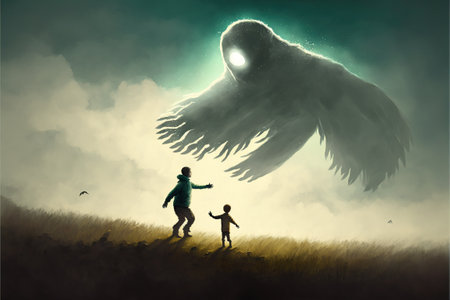 A giant ghost emerged from another dimension and reached out to the child, digital art style, illustration painting, fantasy concept of a child with ghostの素材