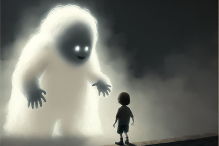 A giant ghost emerged from another dimension and reached out to the child, digital art style, illustration painting, fantasy concept of a child with ghostの素材
