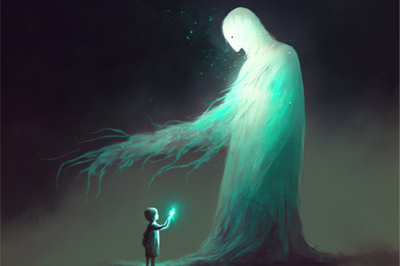 A giant ghost emerged from another dimension and reached out to the child, digital art style, illustration painting, fantasy concept of a child with ghostの素材