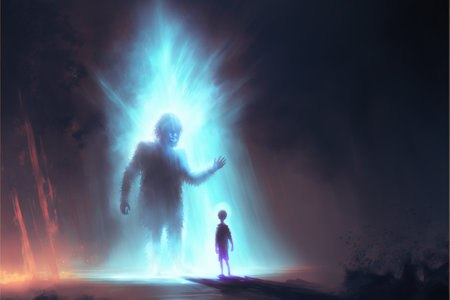 A giant ghost emerged from another dimension and reached out to the child, digital art style, illustration painting, fantasy concept of a child with ghostの素材